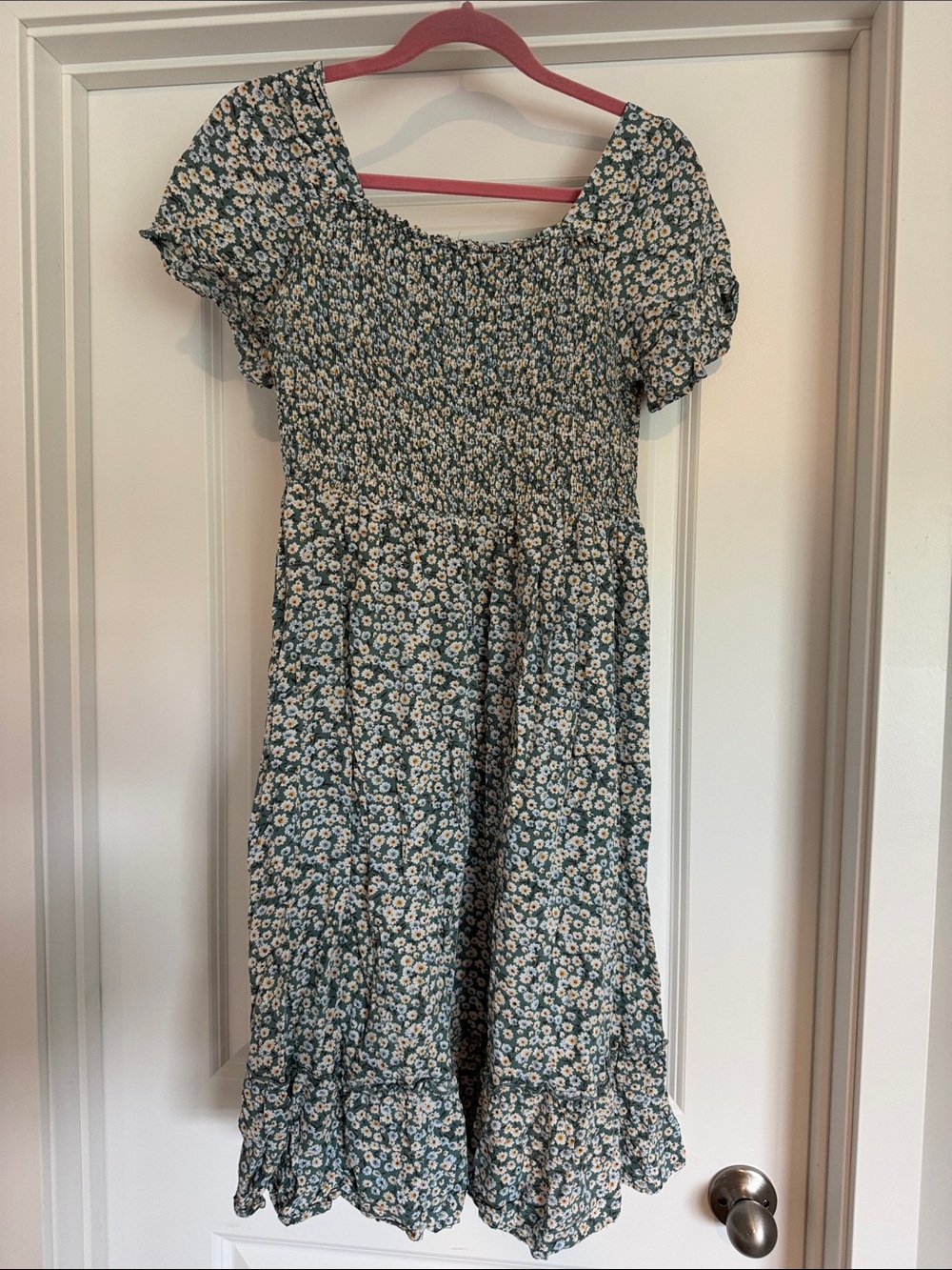 Smocked Green Floral Midi Dress with Puff Sleeves